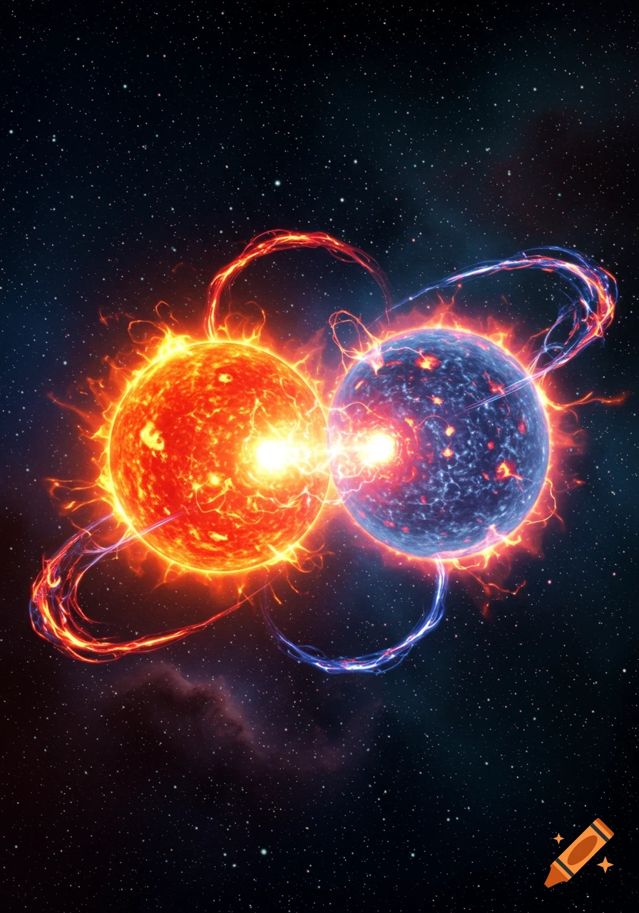 Two vibrant, glowing neutron stars, one red and one blue, orbit closely with energy arcs in a starry cosmic background.