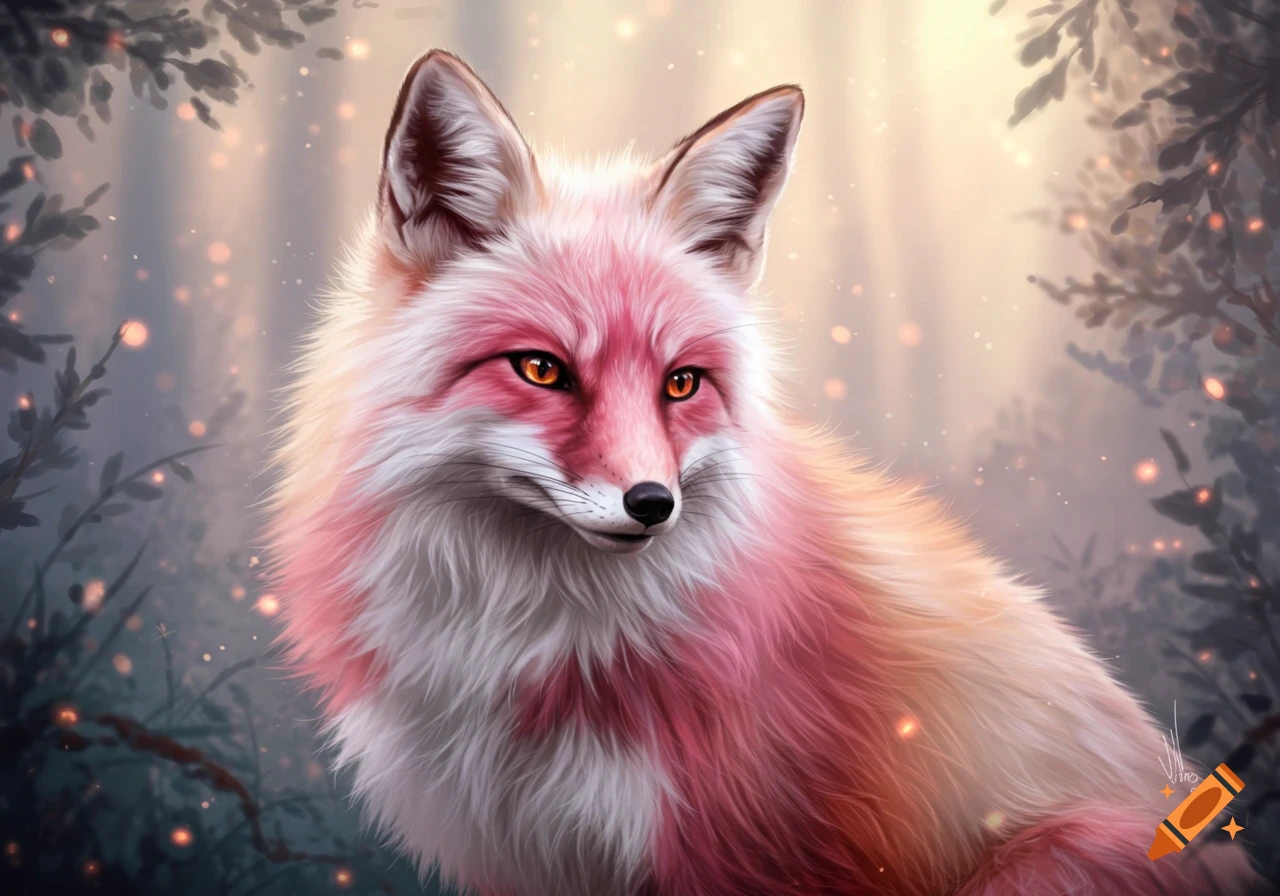 A close-up of a vibrant pink and white fox with bright orange eyes, set against a soft, glowing forest background.