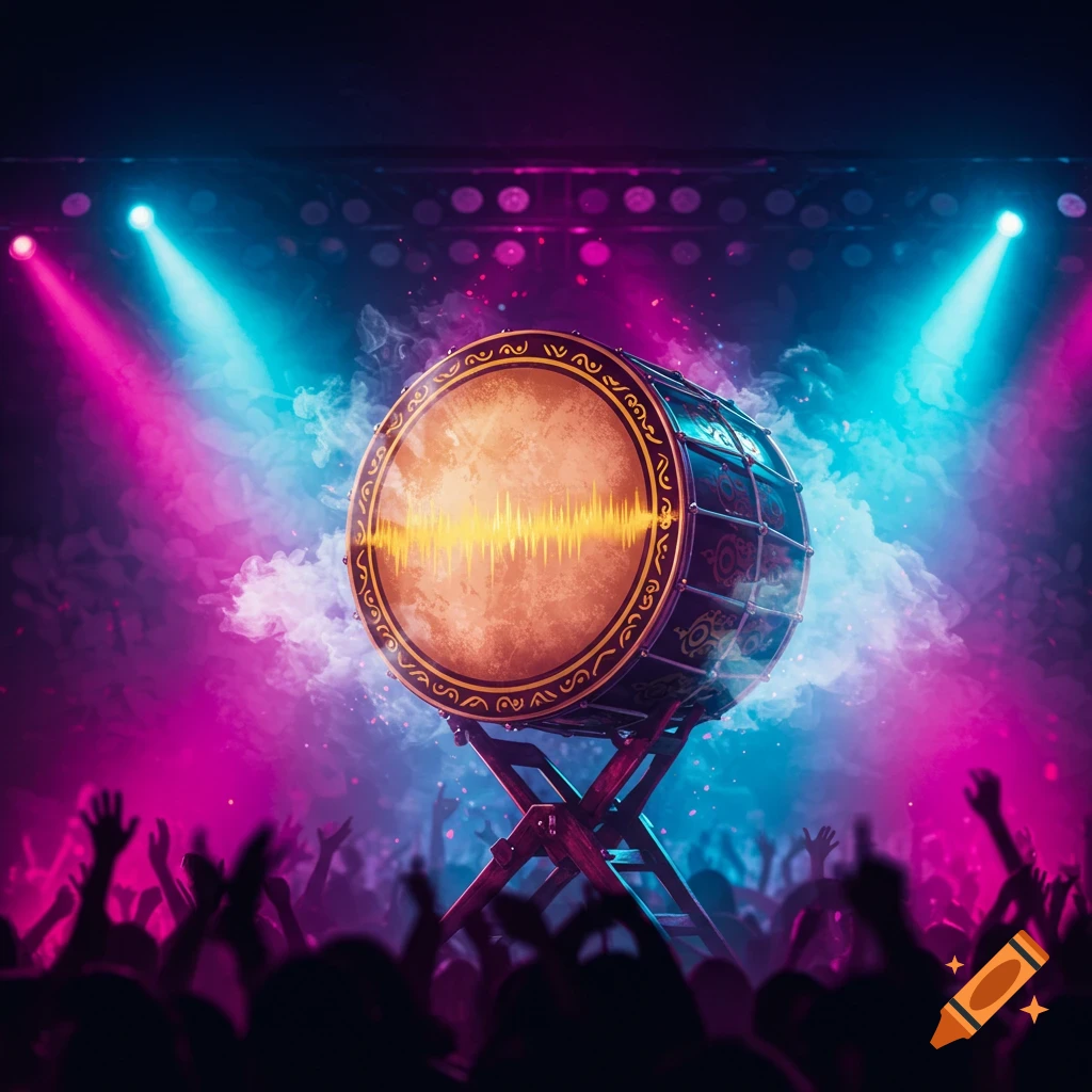A large drum with a sound wave graphic on its head, illuminated by vibrant pink and blue stage lights on a dark stage with a silhouetted crowd.