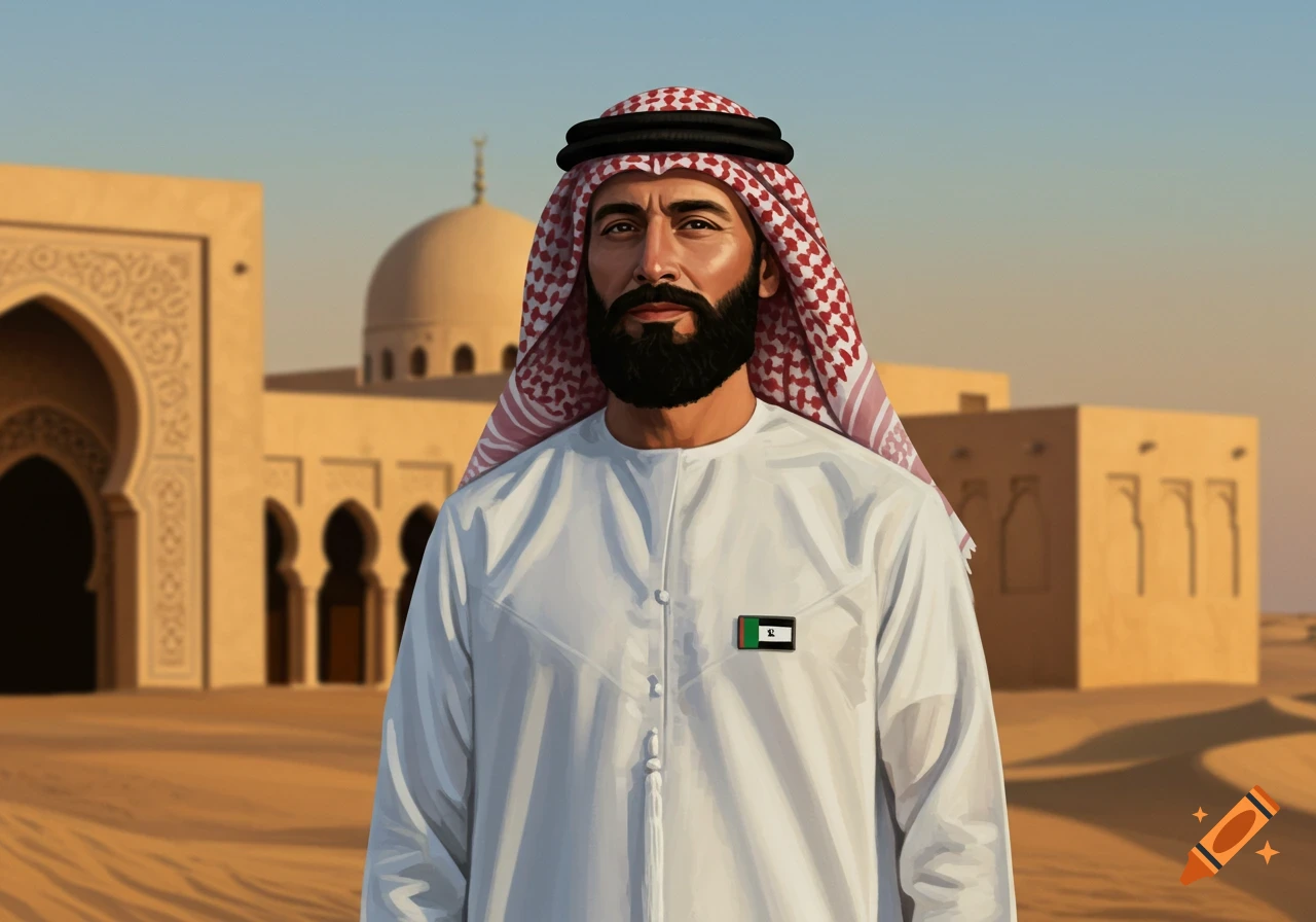 A man with a black beard wearing a white thobe and a red and white checkered ghutra stands in a desert landscape with traditional buildings in the background.