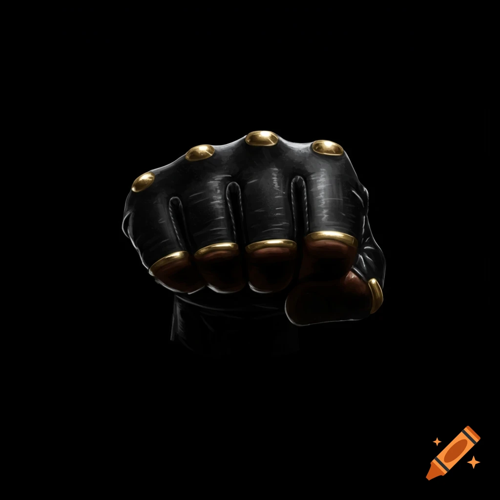 A clenched fist wearing a black leather glove and golden brass knuckles emerges from a dark background.