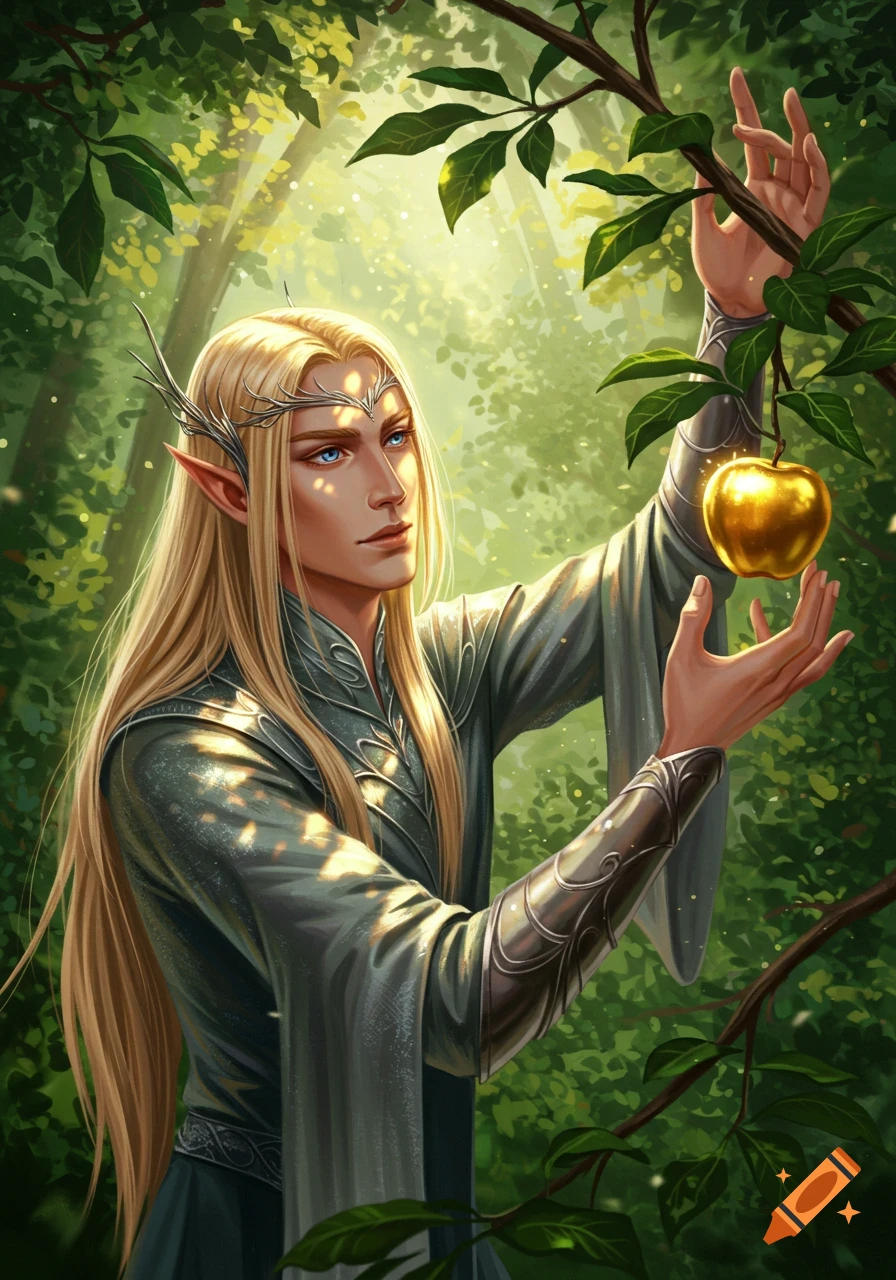 A fantasy illustration of a blond male elf with blue eyes picking a golden apple from a lush green tree in a sunlit forest.