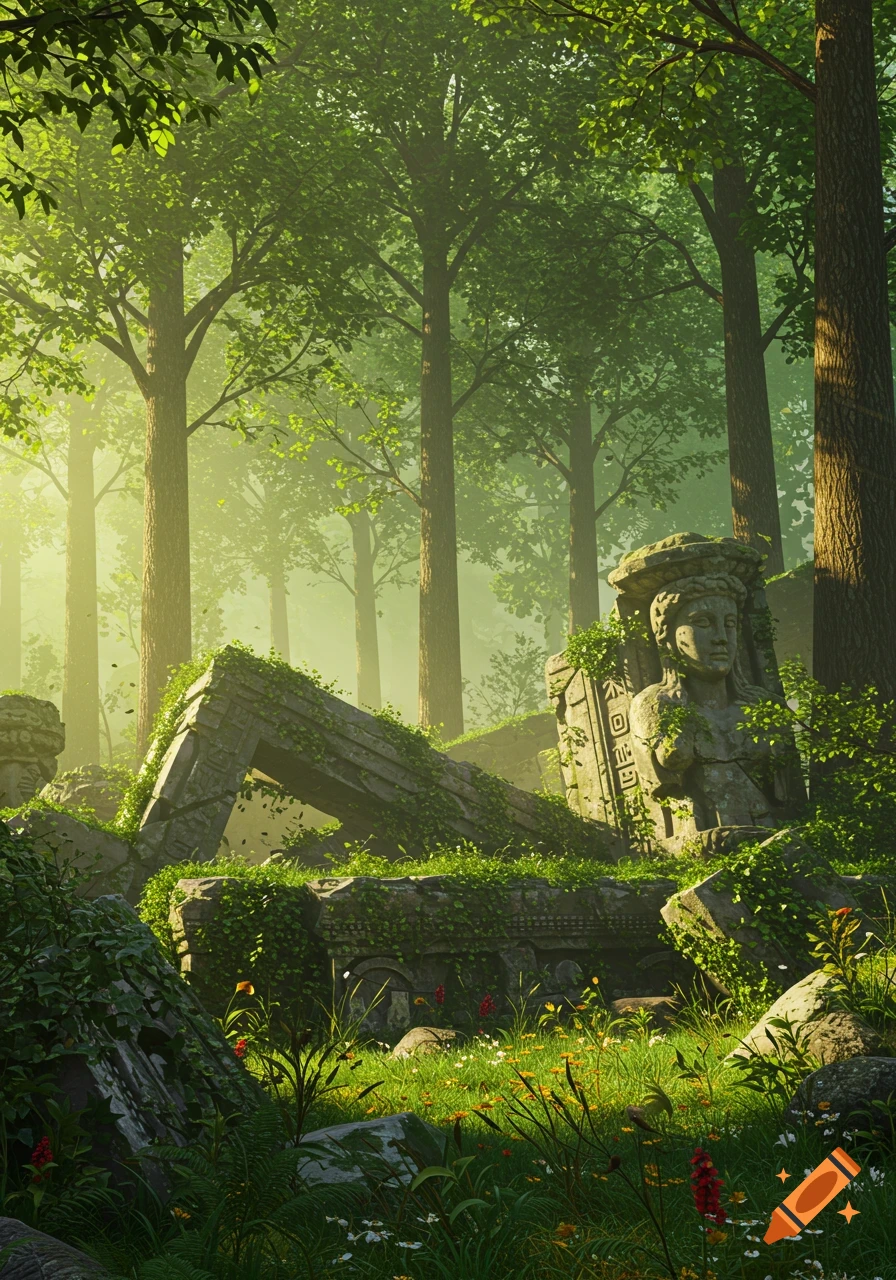 A photorealistic image of overgrown ancient ruins and stone statues in a sun-dappled, misty forest.