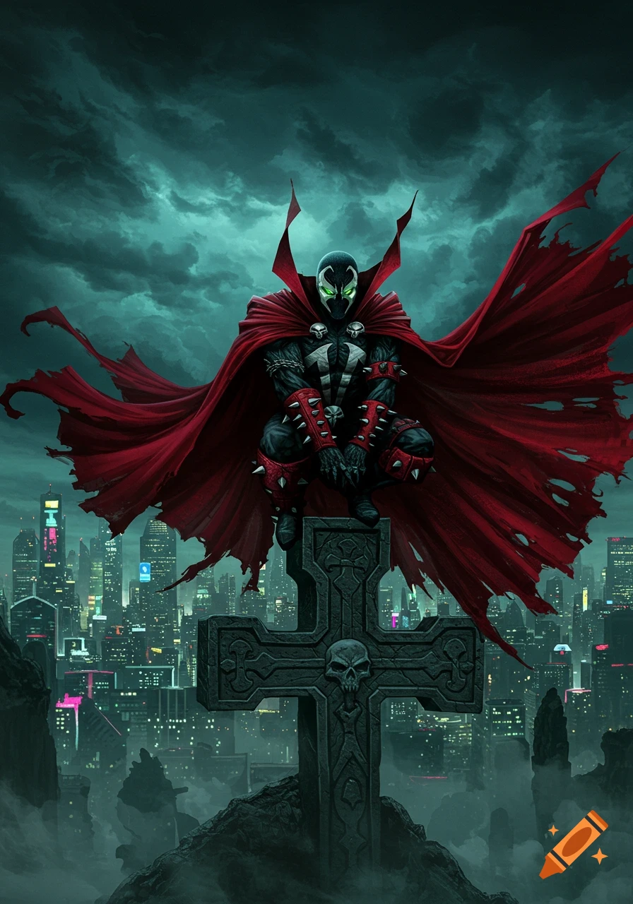 Spawn, a dark superhero, on a skull-adorned cross overlooking a neon-lit city under a stormy sky in a comic book art style.