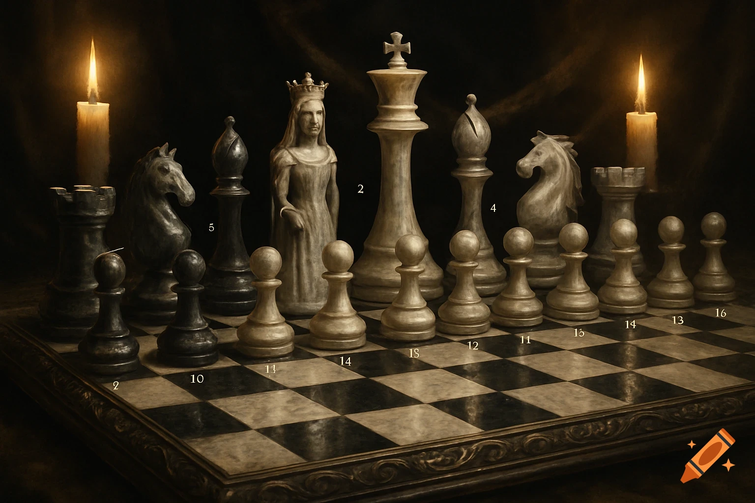 A dark, atmospheric still life of a chessboard with various chess pieces, illuminated by two glowing candles on either side, casting a dramatic light.