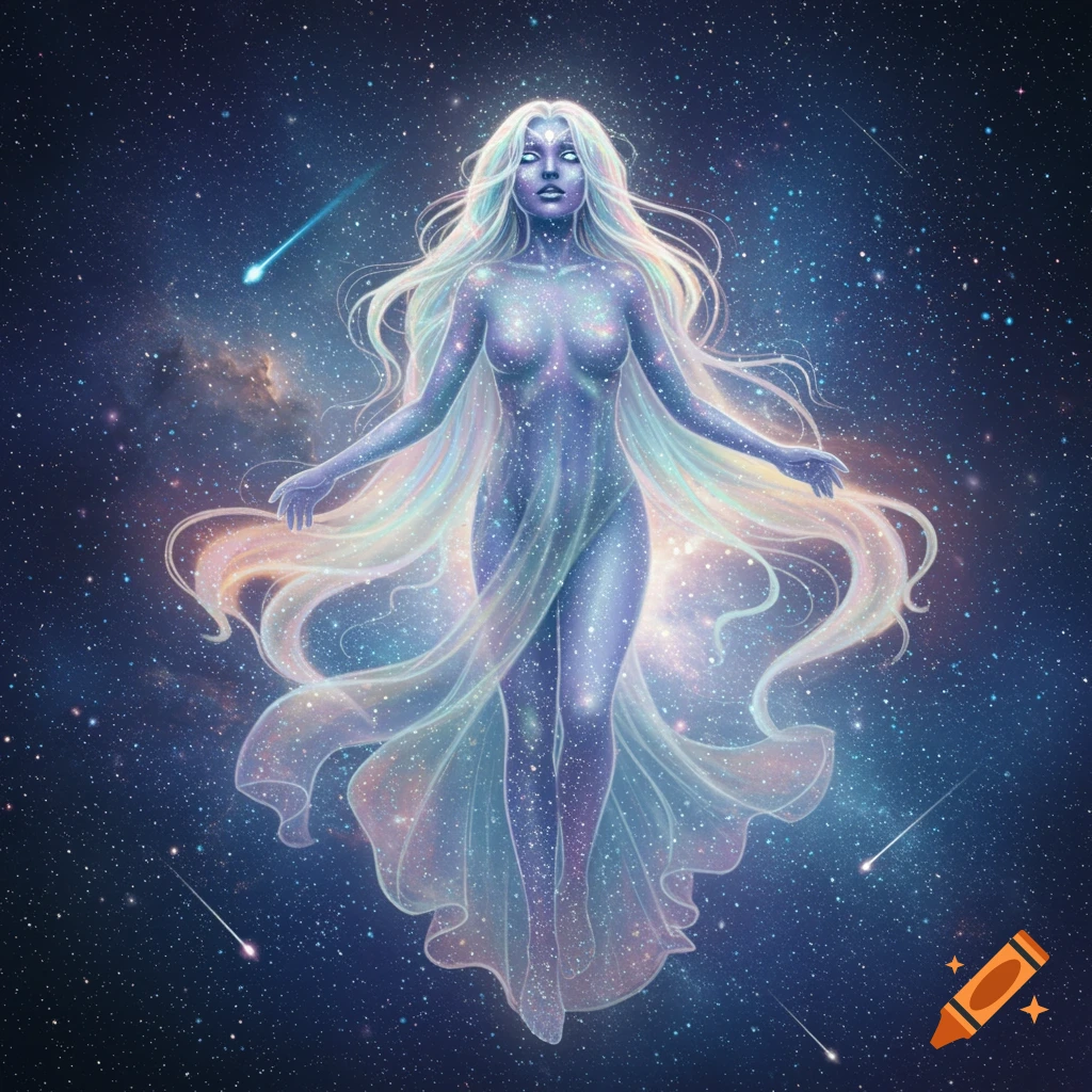 Ethereal cosmic goddess with long flowing hair and a starry body floats in a galaxy surrounded by shooting stars.