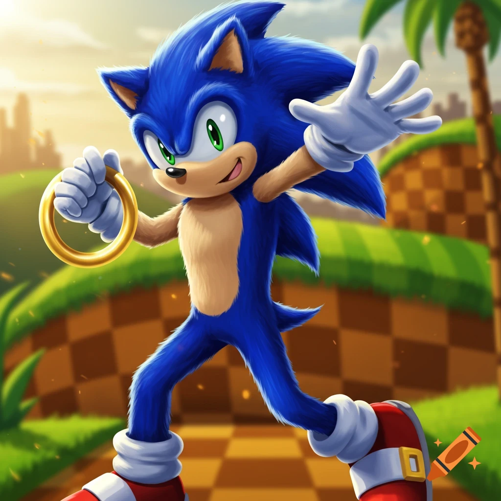 An illustrative image of Sonic the Hedgehog holding a golden ring on a checkered path in a bright, grassy landscape.