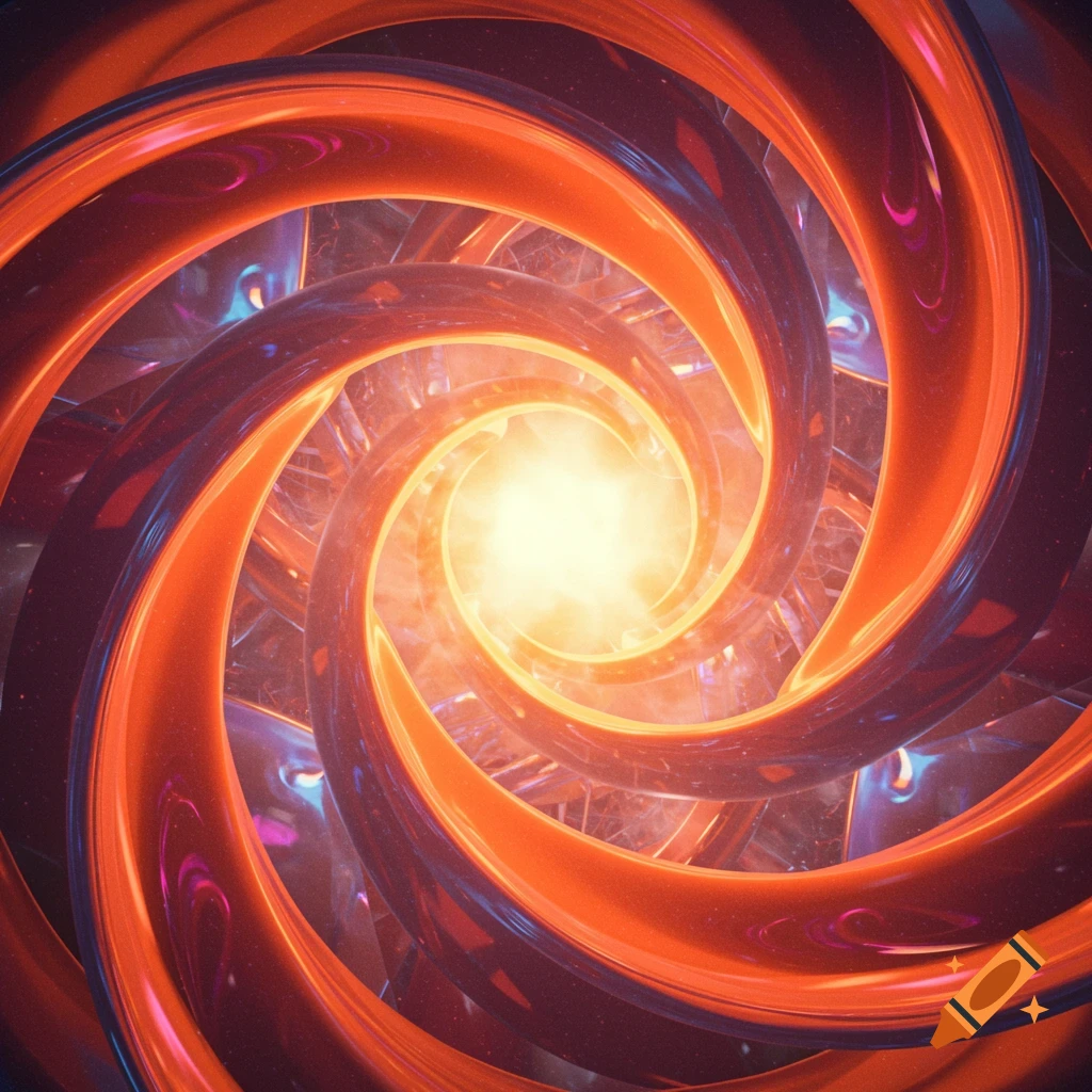 A vibrant abstract vortex of swirling orange and purple glowing rings with a bright central light.