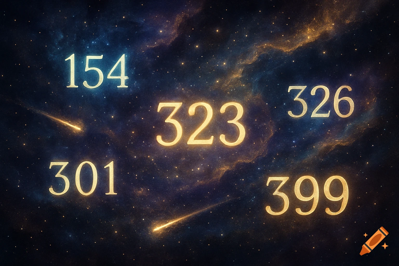 Numbers 154, 301, 323, 326, and 399 glowing in a cosmic scene with stars, nebulas, and shooting meteors.