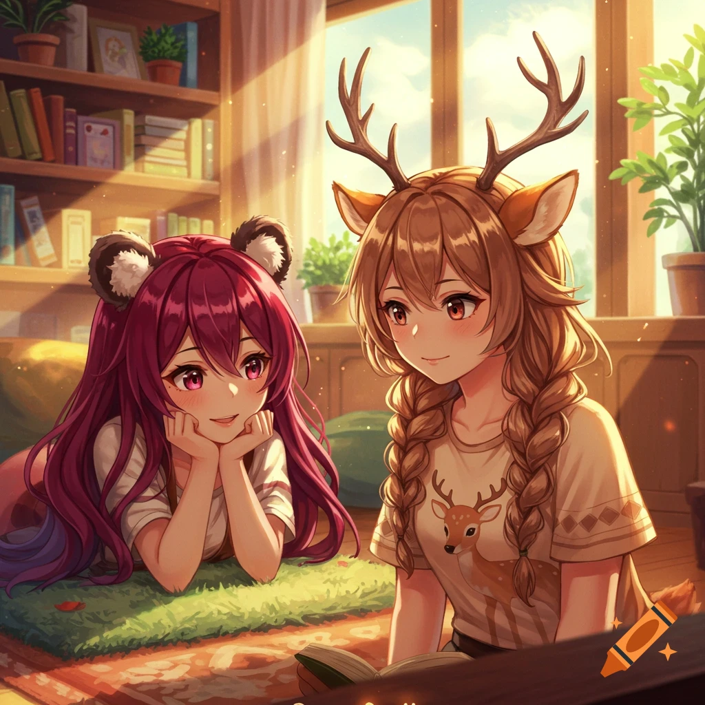 Two anime girls, one with long maroon hair and panda ears, the other with braided tan hair and deer antlers, reading a book in a sunlit room.