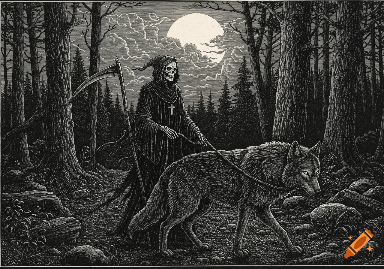 A grim reaper walking a wolf through a forest at night, in the style of an old engraving.