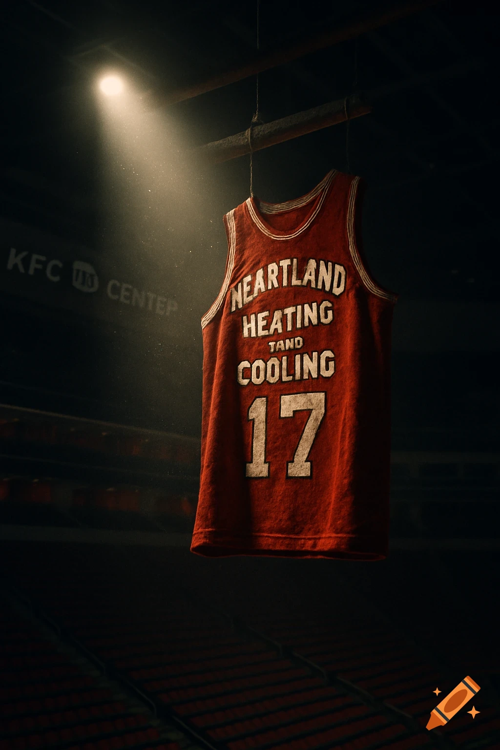 A red basketball jersey with "Heartland Heating TAND Cooling" and "17" hangs in a spotlight in a dark stadium, with "KFC Yum Center" in the background.