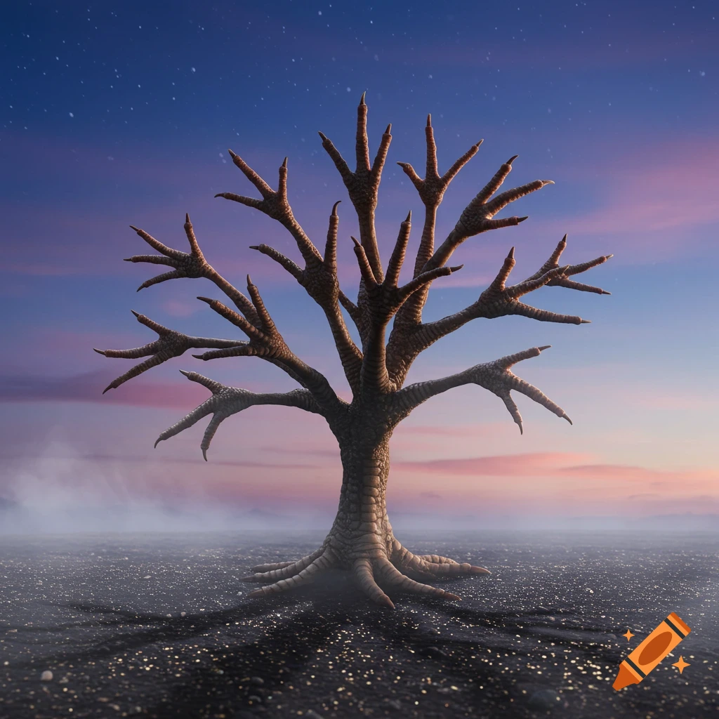 A surreal tree with branches and roots resembling chicken feet stands in a desolate landscape under a starry twilight sky.