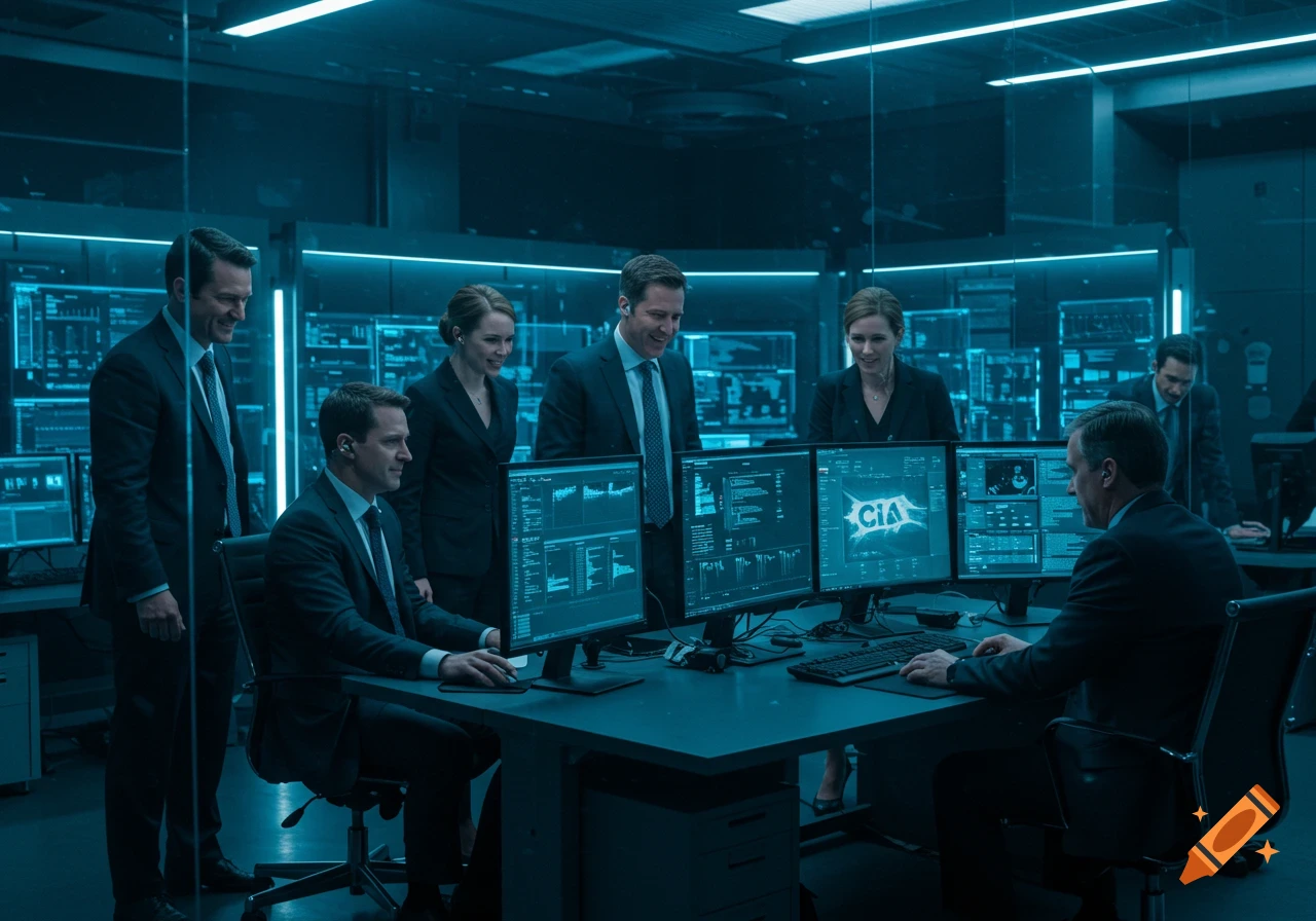A group of people in suits gathered around computer monitors in a futuristic-looking control room with blue lighting.