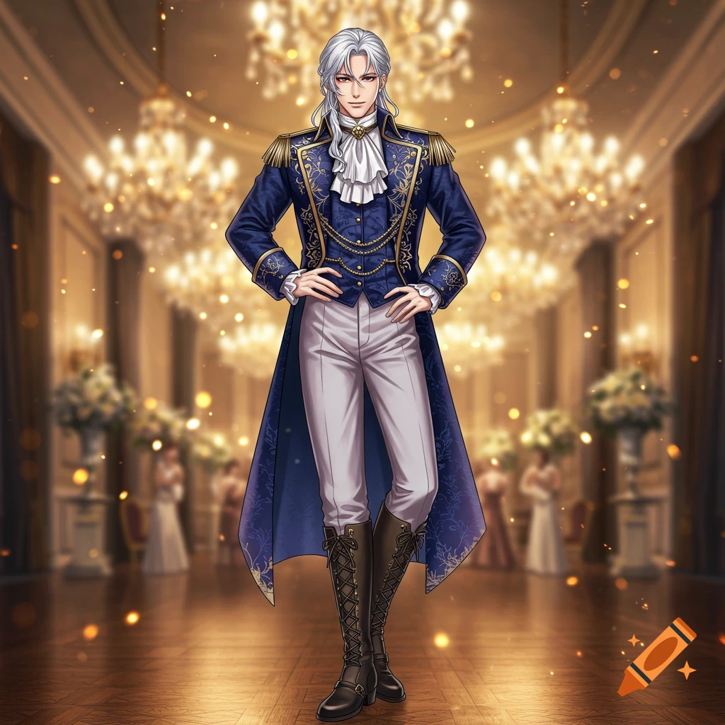 Anime man in a blue and gold period suit standing in a grand ballroom with chandeliers.