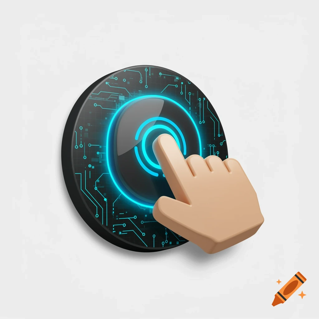3D rendered icon of a cartoon hand pointing at a glowing blue circular button with circuit patterns.