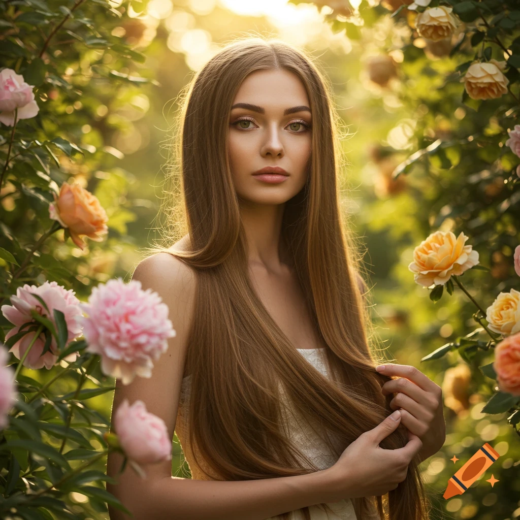 Photorealistic woman with long brown hair standing among pink and yellow flowers in a sunlit garden.