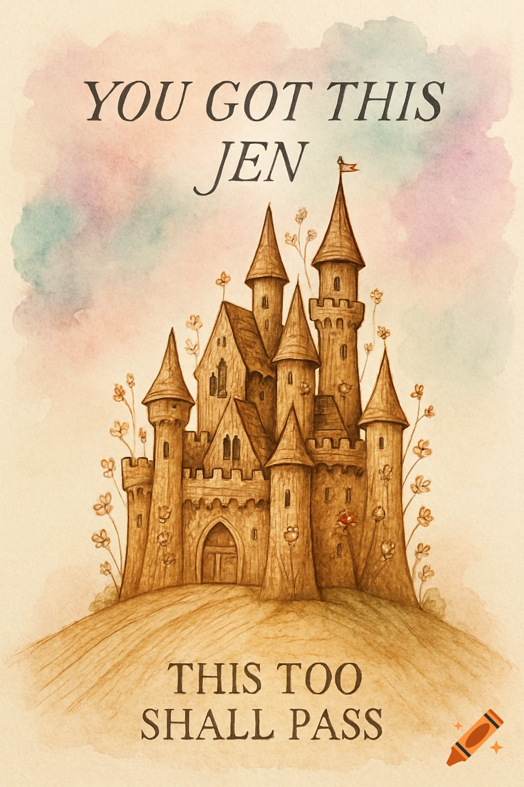A watercolor castle made of wood with flowers on a hill. Pastel sky background. Text reads 'YOU GOT THIS JEN' and 'THIS TOO SHALL PASS'.