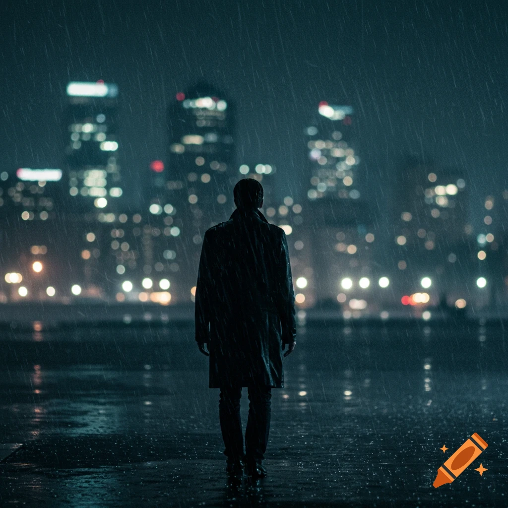 A solitary figure in a coat stands in the rain at night, looking at a blurry city skyline with glowing lights.