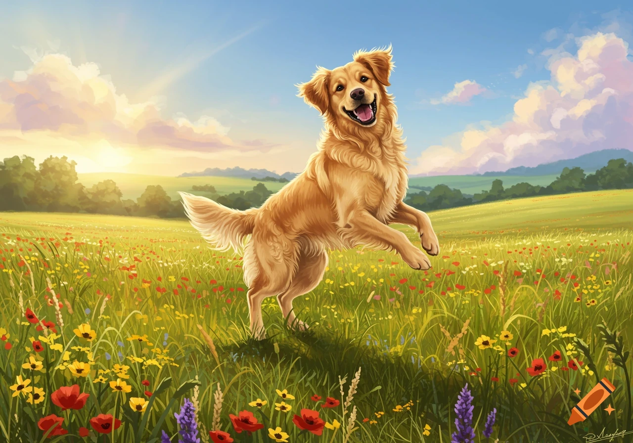 A happy golden retriever dog jumps in a vibrant field of colorful wildflowers under a bright blue sky.