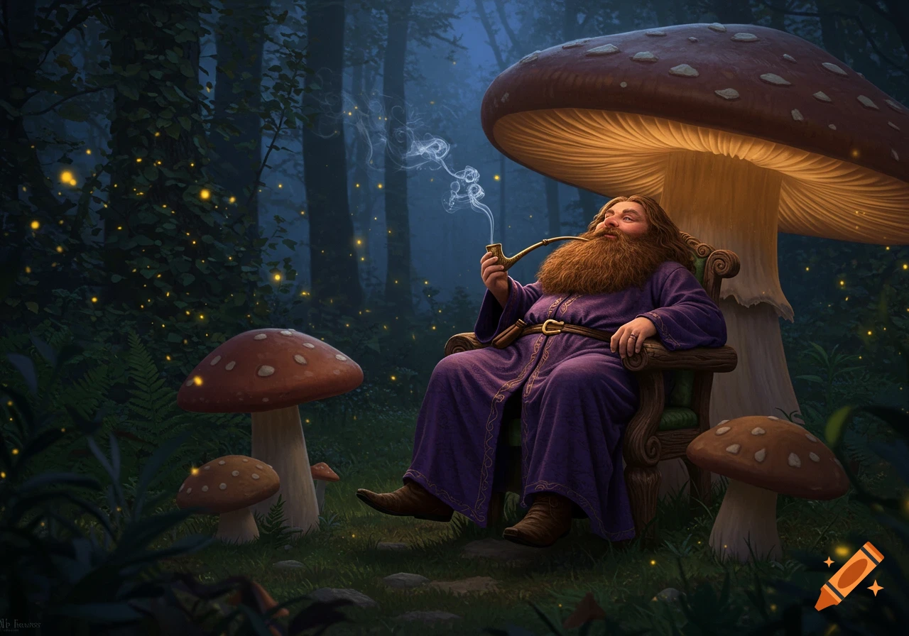 A realistic bearded wizard in purple robes smokes a pipe, sitting on a giant mushroom in an enchanted, glowing forest.