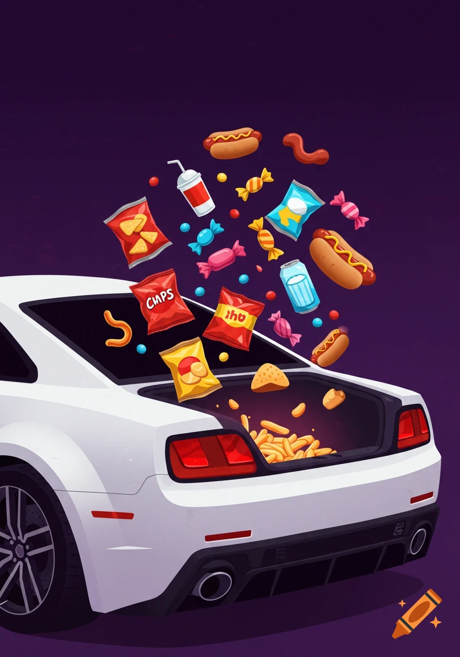 A white sports car with its trunk open, spilling cartoonish snacks like chips, hotdogs, and candy into the dark purple background.