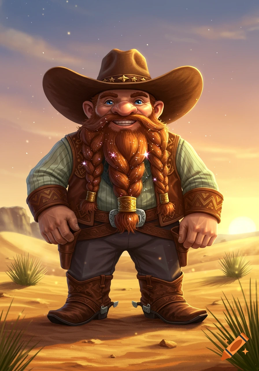 A happy, smiling dwarf with a long, braided red beard and a cowboy hat stands in a sparkling desert at sunset.