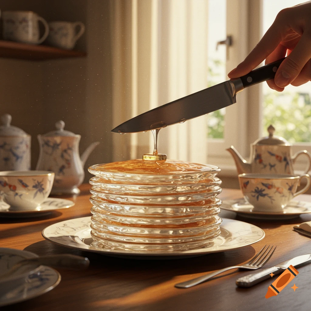 A hand slices into a stack of clear glass pancakes with a knife, as honey drips, in a sunlit domestic setting.