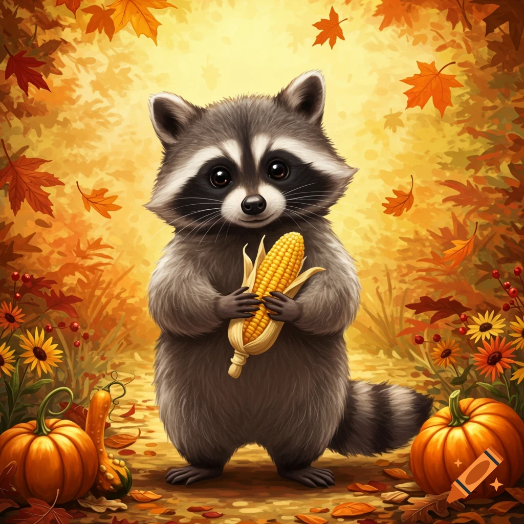 A cute raccoon stands in an autumnal setting, holding a corn cob. Fall leaves and pumpkins are on the ground.