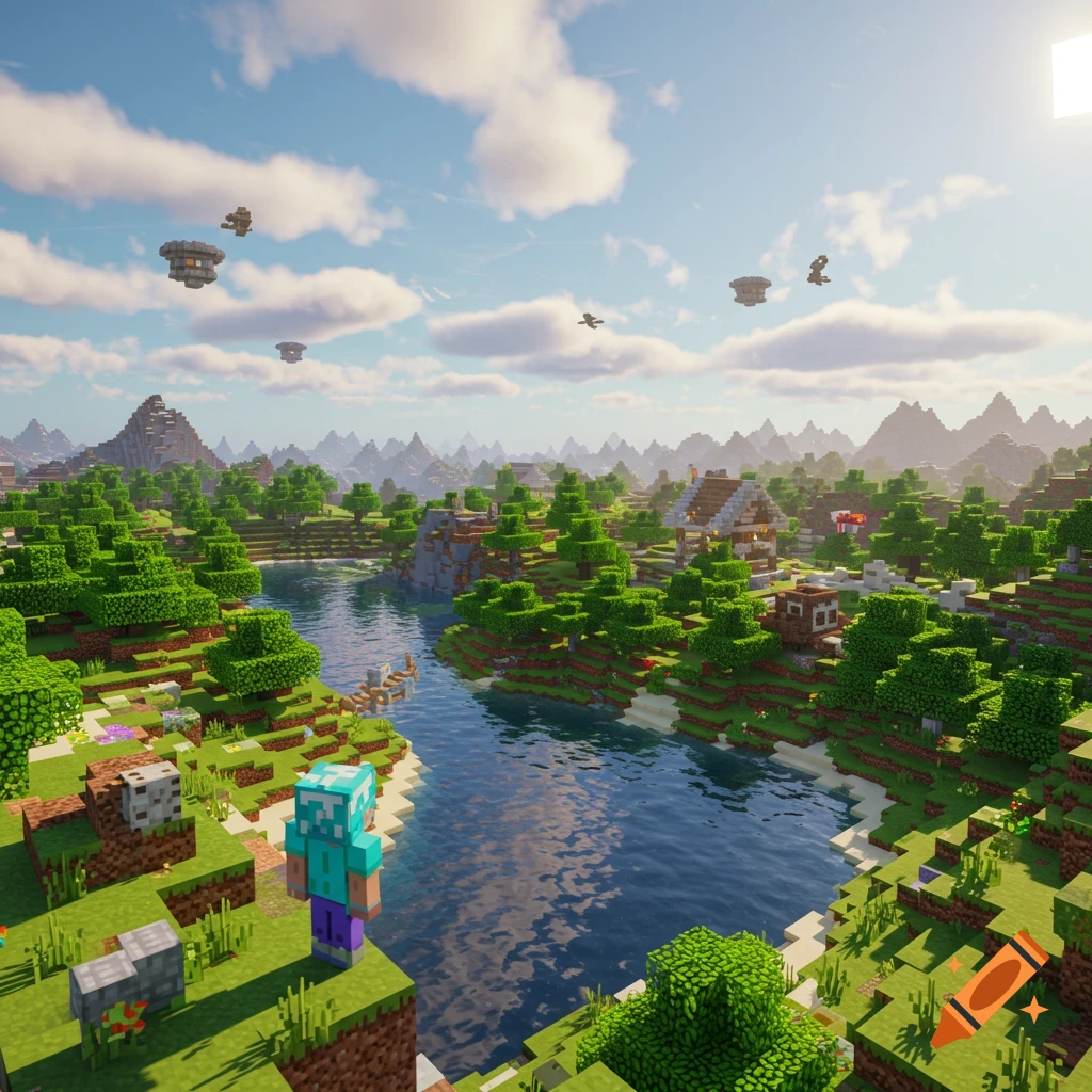 A detailed Minecraft-style landscape with a player overlooking a river, lush trees, mountains, a village, and floating structures under a sunny sky.