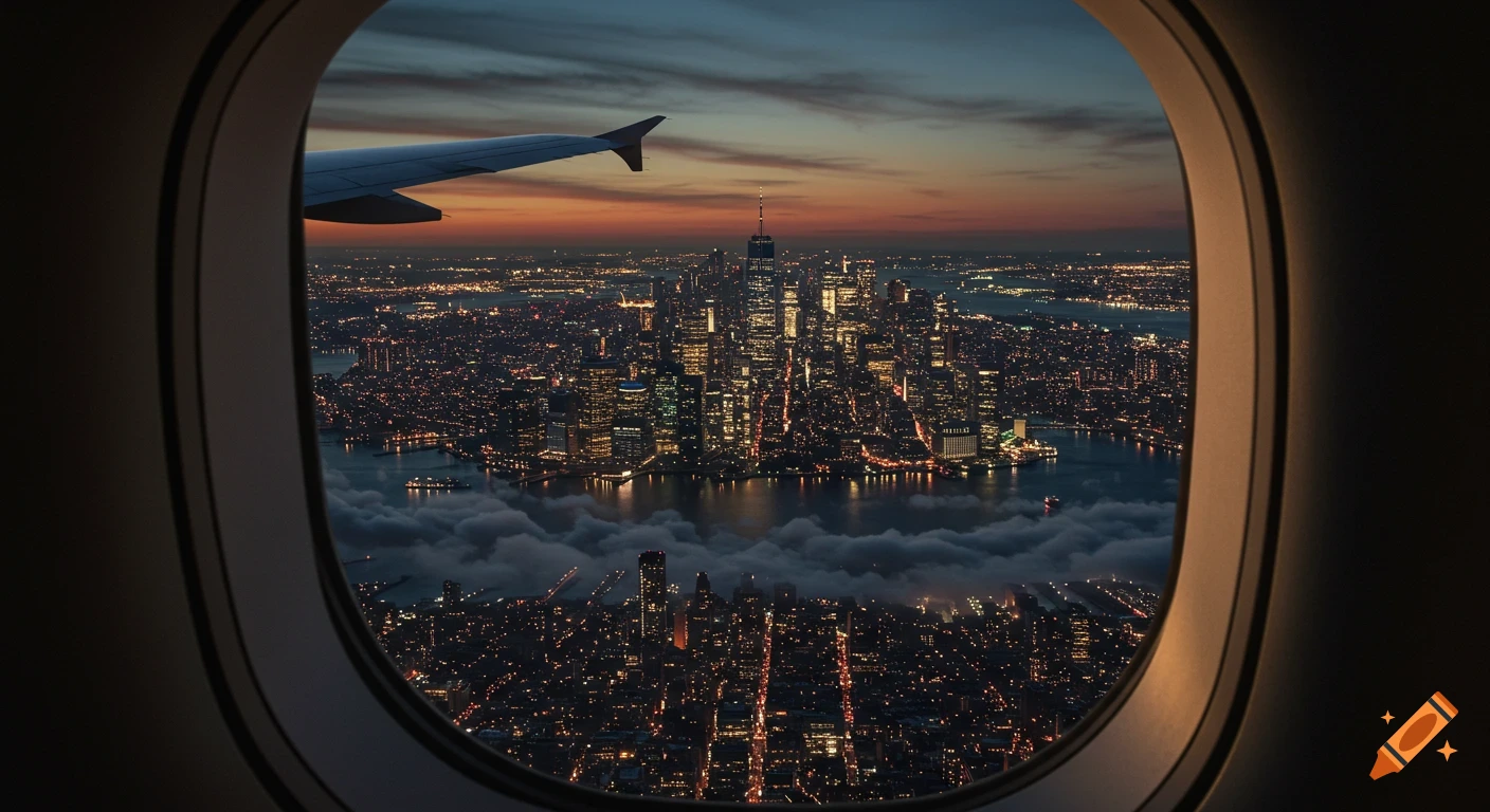 New York City skyline at dusk, seen from an airplane window, with city lights illuminating buildings and clouds below.