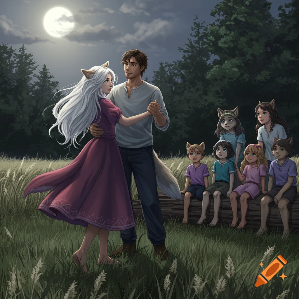 A wolf woman with silver hair and a human man dance under a full moon in a grassy field, watched by a group of wolf-eared children on a log.
