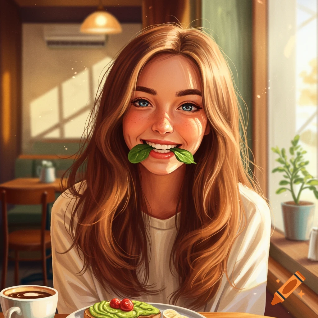 Digital art portrait of a smiling young woman with a green leaf in her mouth, sitting in a sunny cafe.