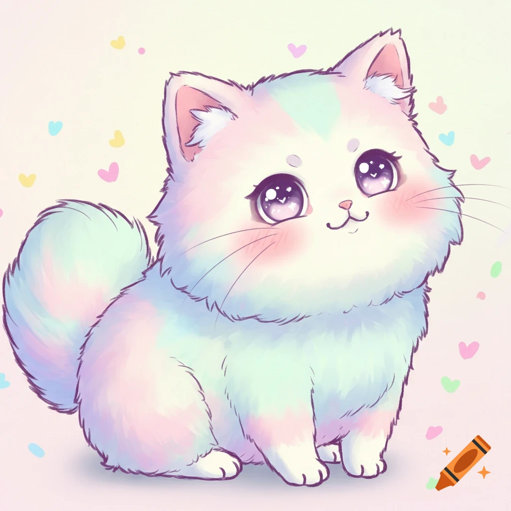 A fluffy, pastel, kawaii cat with large anime eyes smiles, surrounded by small colorful hearts.
