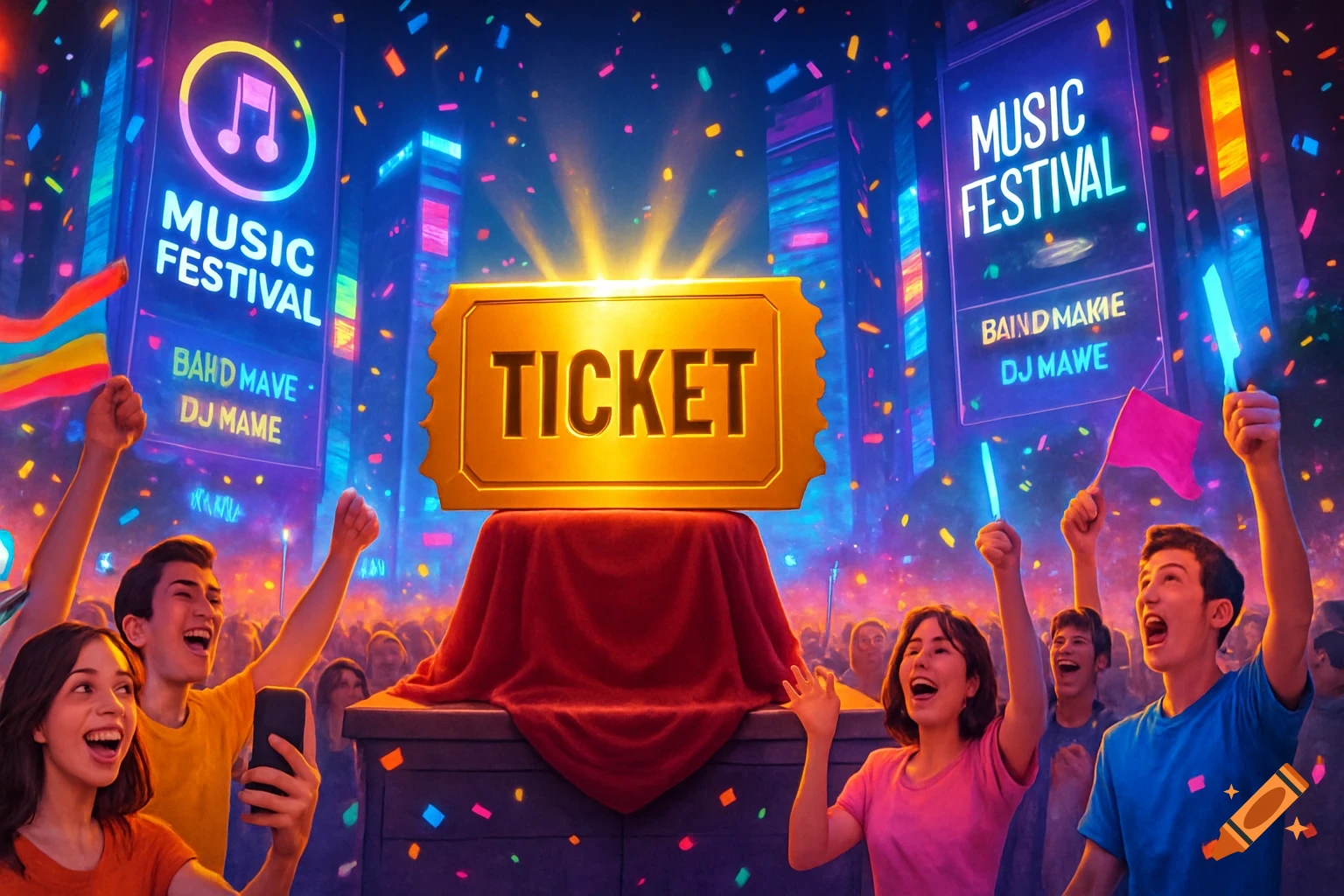 A golden ticket stands on a red velvet pedestal, surrounded by a cheering crowd and confetti, with large neon signs for a music festival in the background.