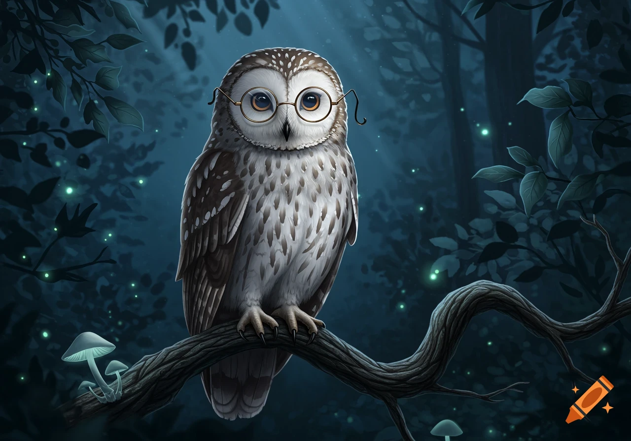 A whimsical owl with round glasses perched on a branch in a dark, glowing forest with bioluminescent mushrooms.