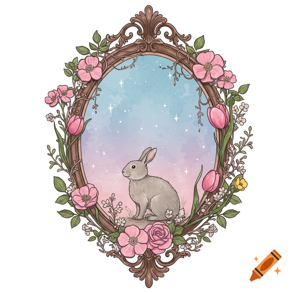 A cute bunny sits in an ornate oval frame surrounded by pink flowers and green vines, with a soft watercolor sky background. Illustrated.