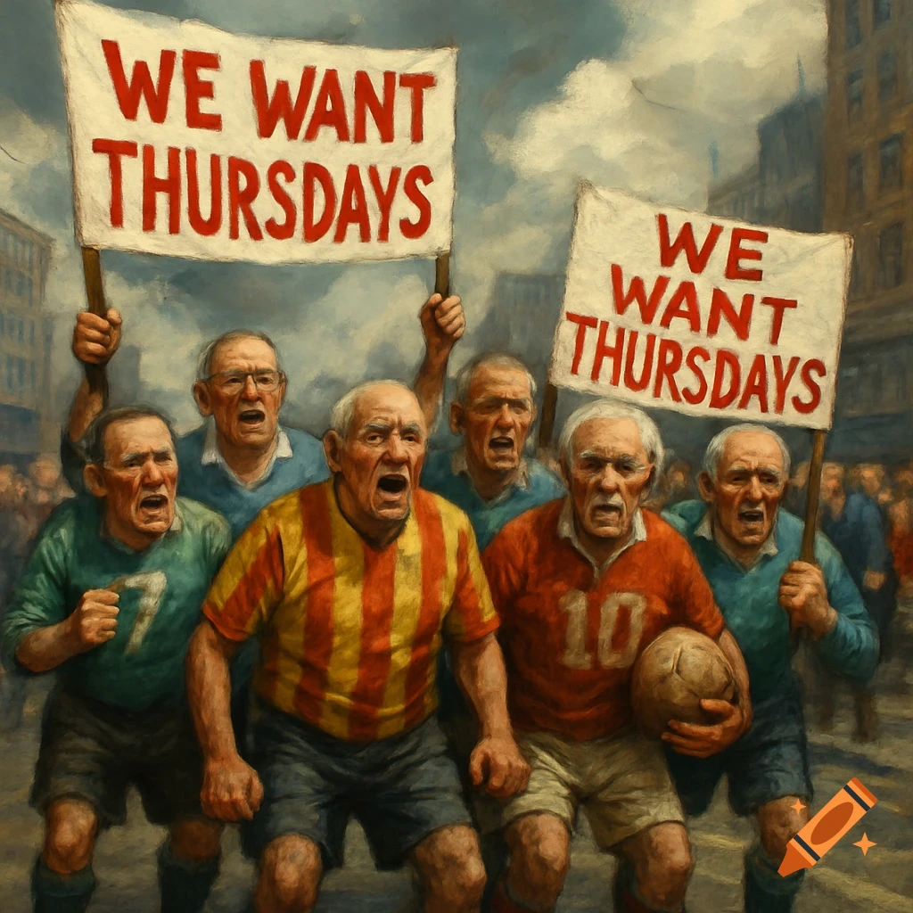A group of elderly men in football jerseys protest with banners reading 'WE WANT THURSDAYS' in a painterly style.