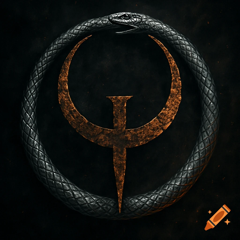 A stylized, rusted Quake 1 logo is encircled by a metallic, dark grey Ouroboros snake biting its tail, set against a dark, gritty background.