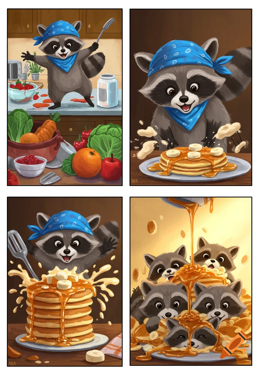 A four-panel cartoon webcomic: a raccoon chef prepares food, then enjoys pancakes with syrup and bananas, joined by other raccoons in a pancake feast.