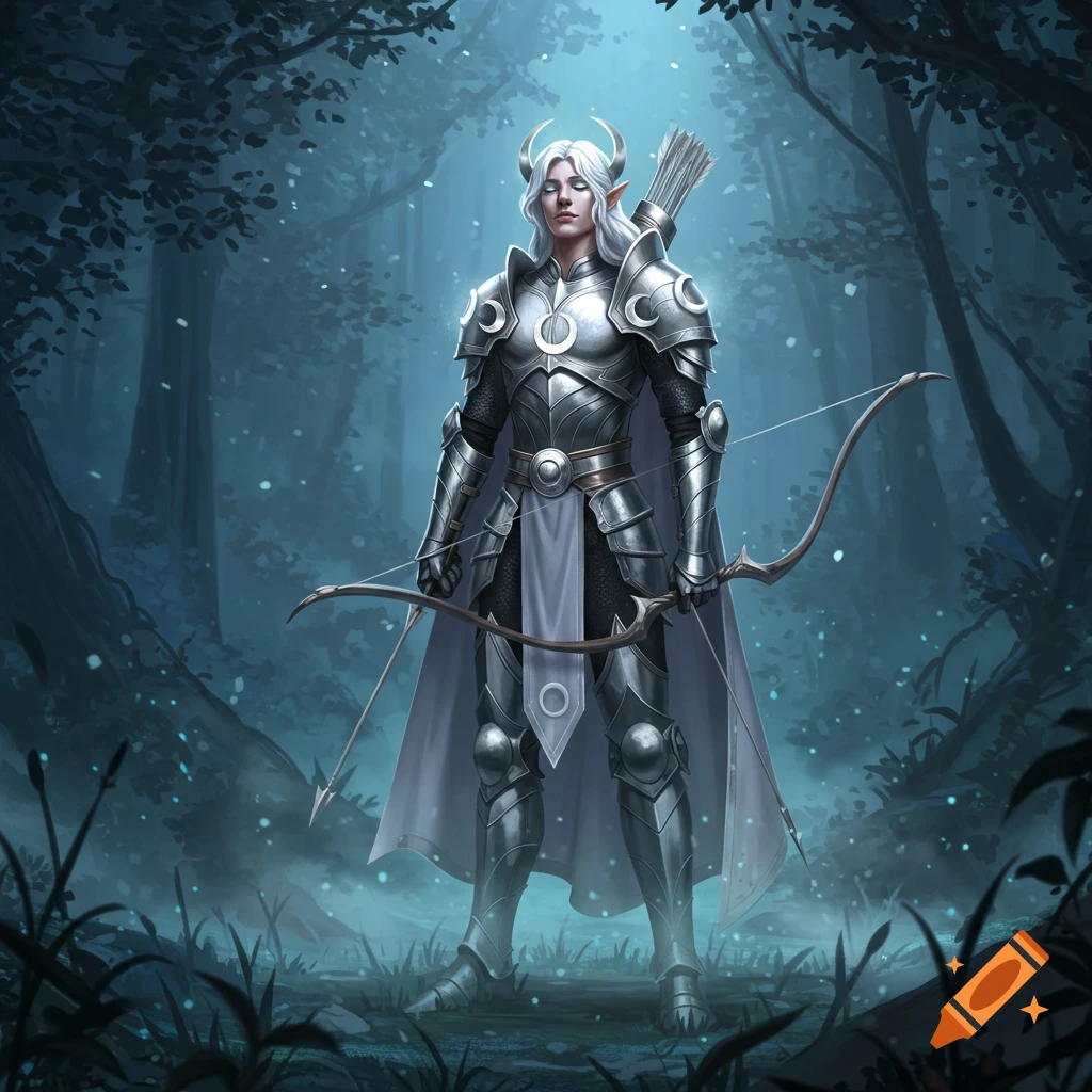 An armored elf-like archer with white hair and horns stands in a dark, mystical forest.