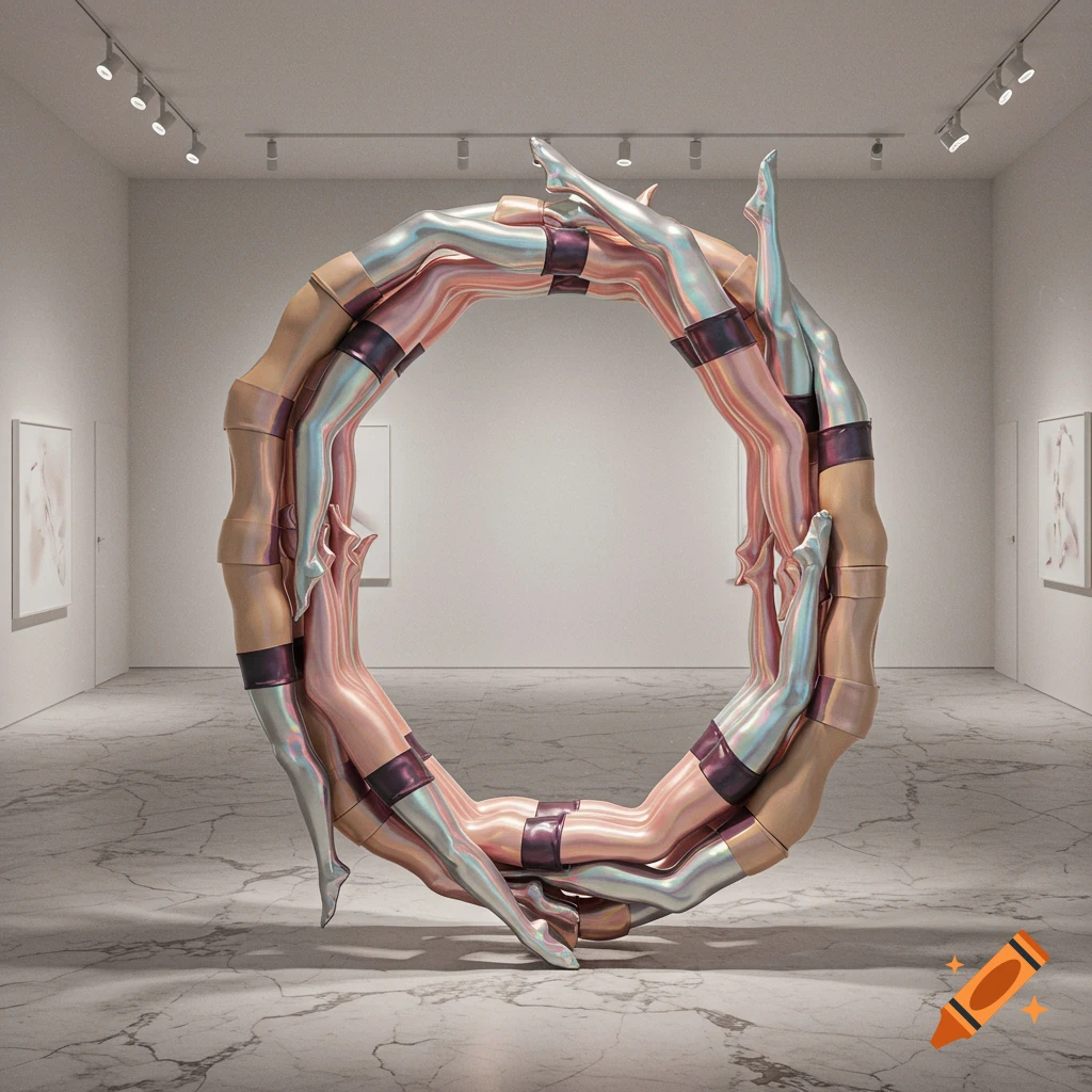 A surreal sculpture made of intertwining human-like legs forming the letter 'O' in a minimalist art gallery.