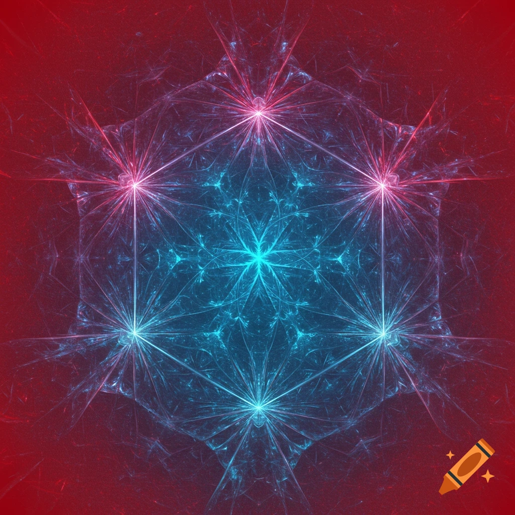 Abstract hexagonal fractal pattern with glowing red and blue lines radiating from multiple points on a red background.