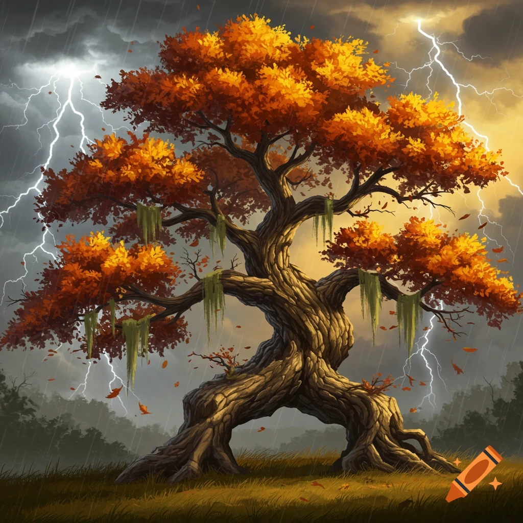 A large, gnarled tree with vibrant orange foliage stands in a stormy landscape with rain and lightning.