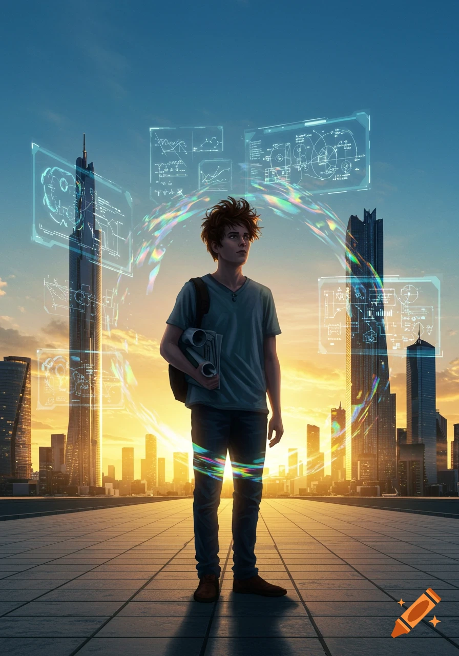 A young man stands on a rooftop with glowing holographic screens in a futuristic cityscape at sunset.