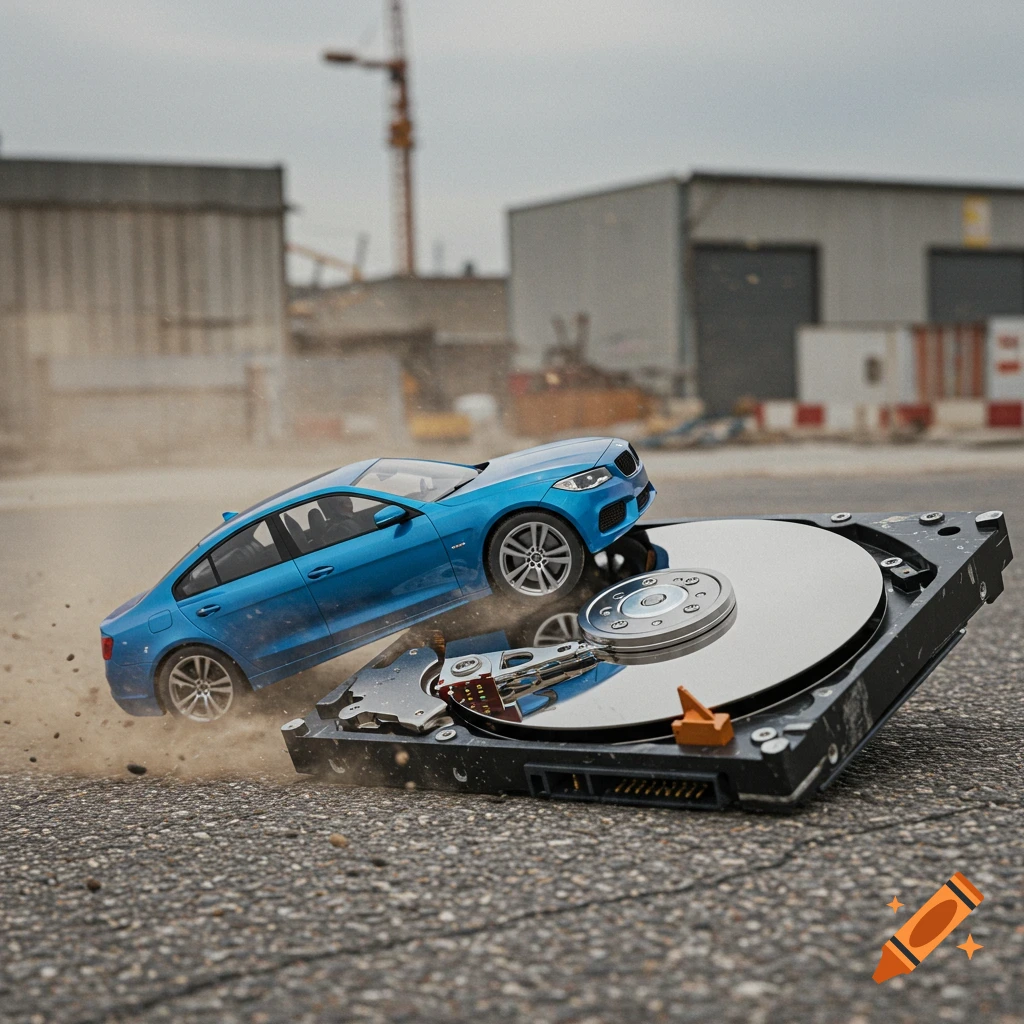 A blue car appears to drive over an open hard drive, kicking up dust, in an outdoor industrial setting. Photorealistic.