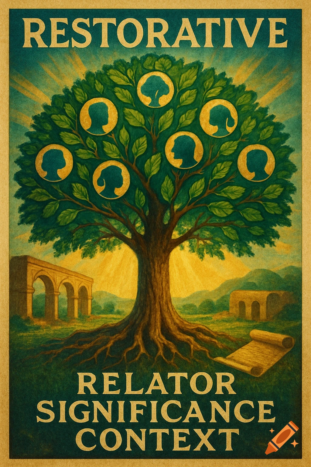 A vintage-style motivational poster featuring a large green tree with golden-rimmed silhouette faces among its leaves, set against a sun-drenched landscape with ancient ruins. The text "RESTORATIVE" appears at the top, and "RELATOR SIGNIFICANCE CONTEXT" at the bottom.
