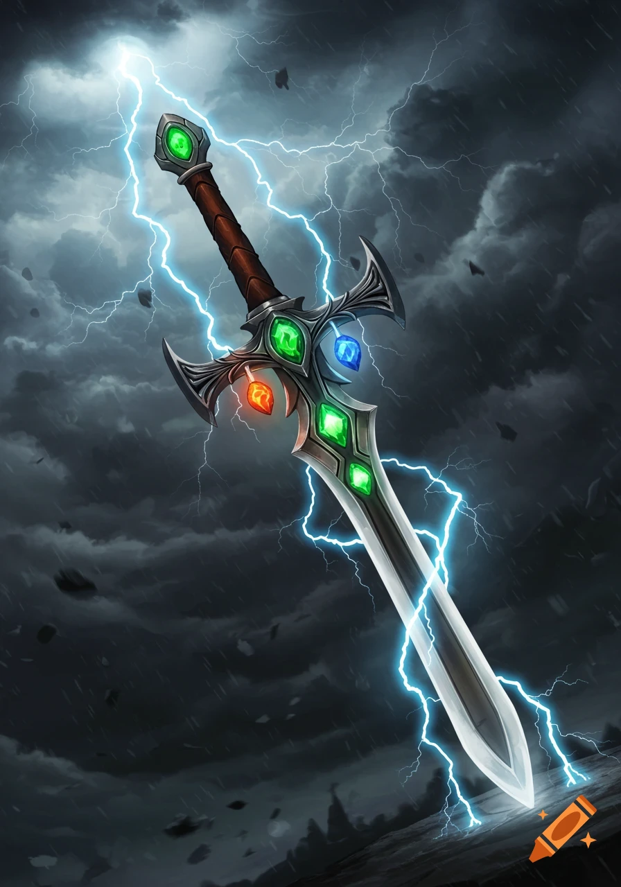 A detailed fantasy sword with glowing green, red, and blue gems on its hilt, engulfed in bright blue lightning against a dark, stormy sky.