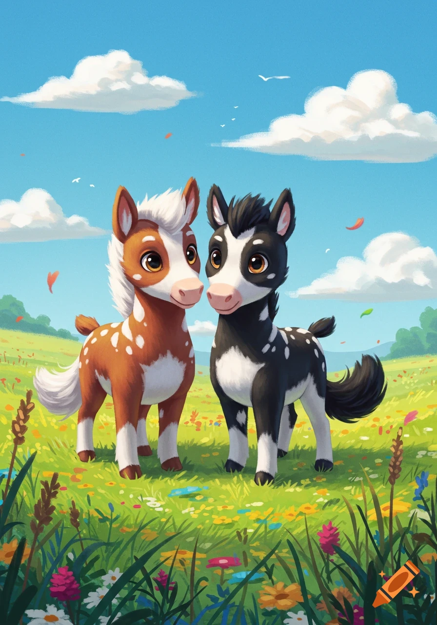 Two cute cartoon horses, one brown, one black, with white markings, stand in a vibrant flowery meadow under a blue sky.