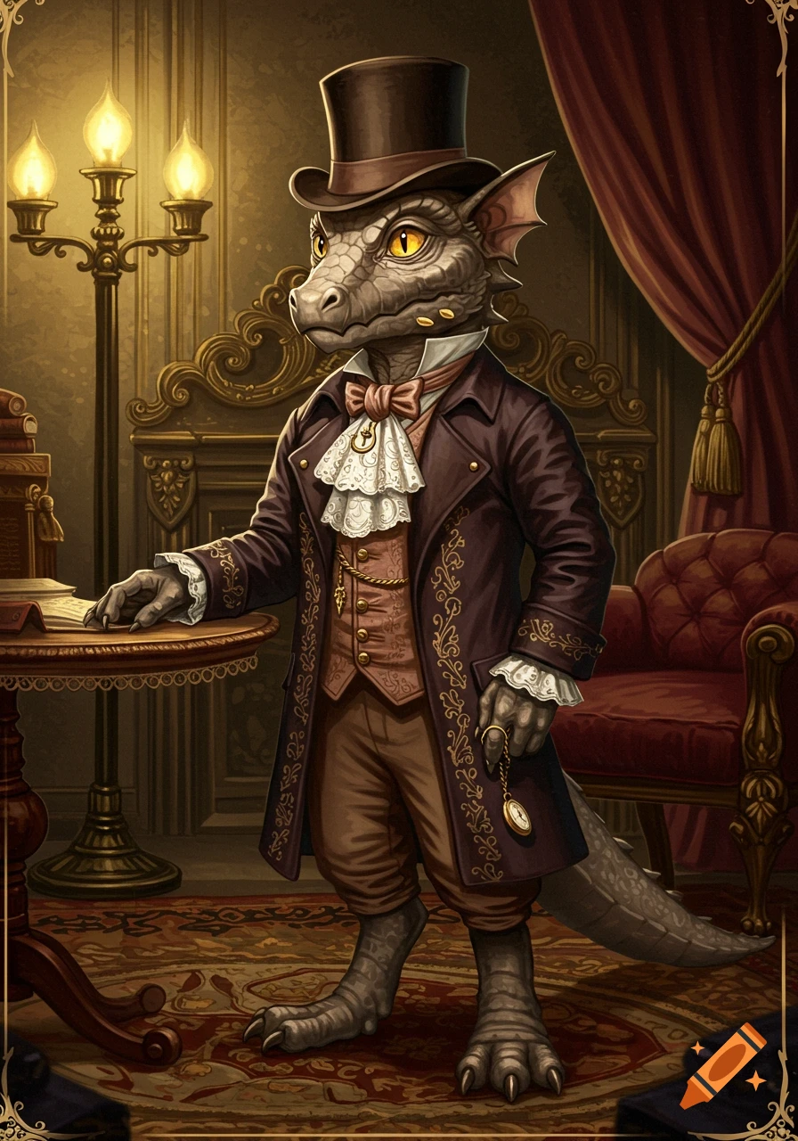 An elegantly dressed bipedal kobold in Victorian attire stands in a lavish room, holding a pocket watch.